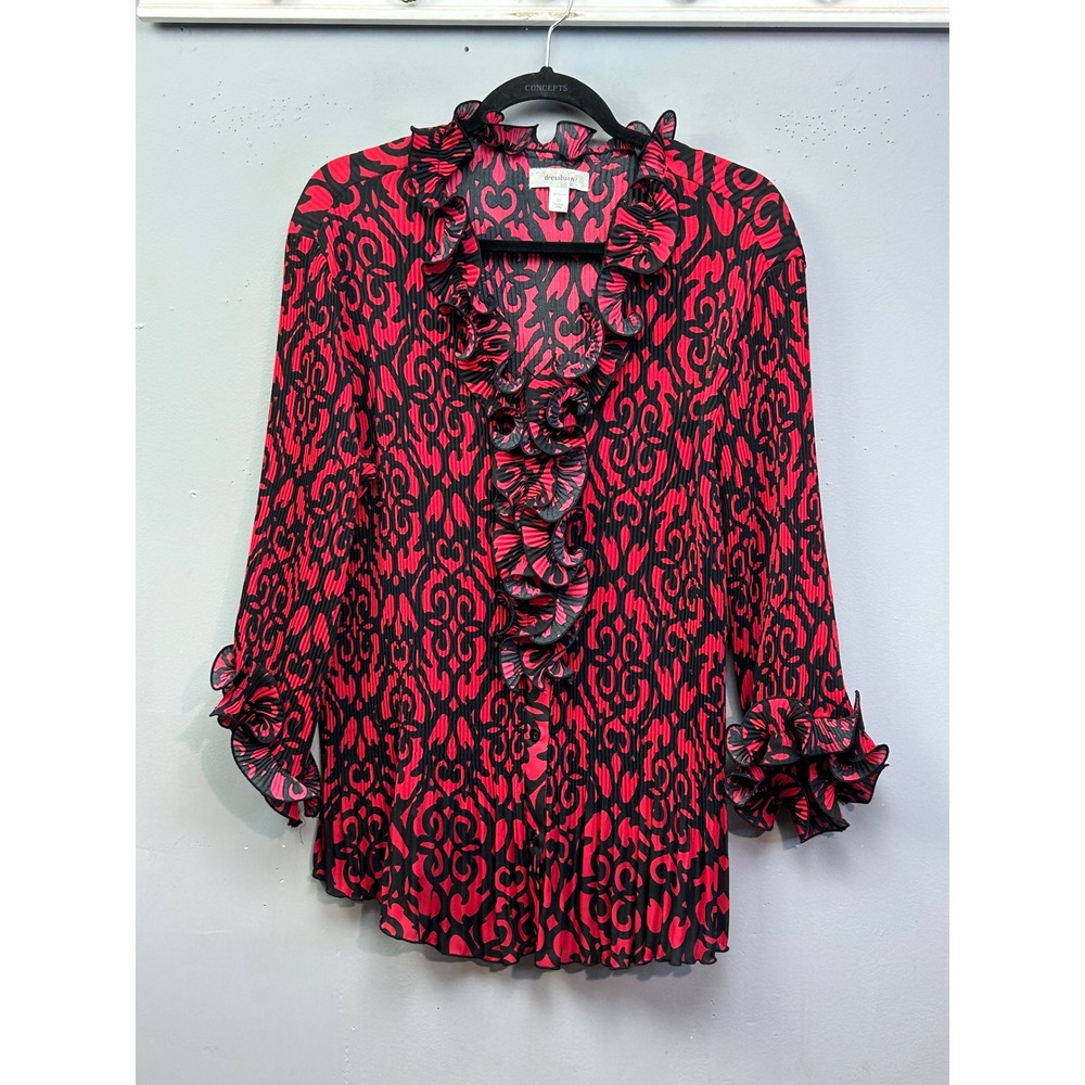 Vintage‎ Y2K Blouse Woman 2X Red Black Damask Ruffle Pleated Button Front 3/4